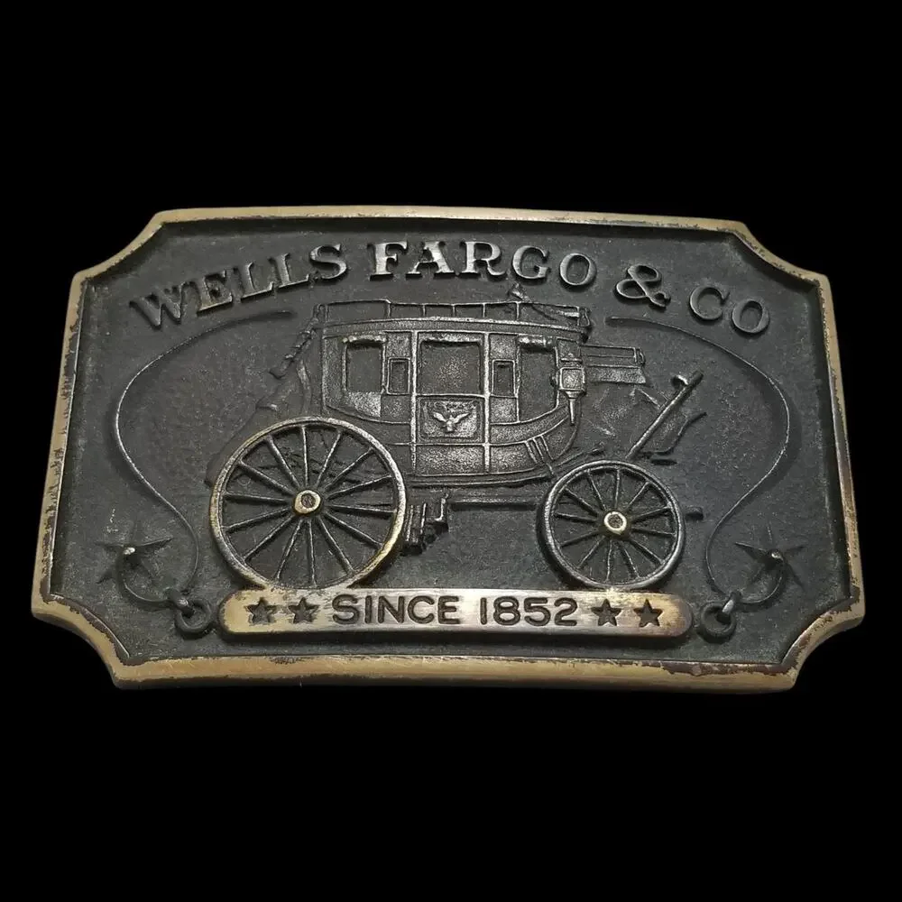 Vintage Belt Buckle 1975 Solid Brass Wells Fargo & Co Bank W/ Owner Registration